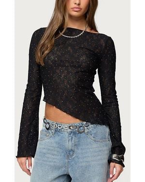 Edikted Mare Asymmetric Gem Sheer Lace Top - Black