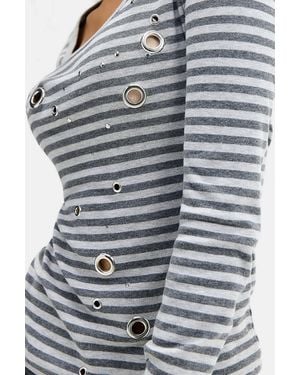 Jaded London Stripe Eyelet Studded Long Sleeve Tee Uk 6 At Urban Outfitters - Grey