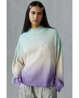 BDG Let's Dip Dye Waffle Knit Mockneck Long Sleeve Tee - Blue