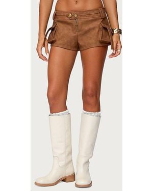 Edikted Washed Faux Leather Micro Cargo Shorts - Brown