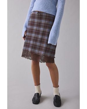 Urban Outfitters Uo Suky Plaid Mesh Lace Trim Slip Midi Skirt - Brown