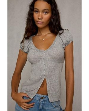 BDG Campus Crush Split-Front Puff Sleeve Babydoll Top - Grey