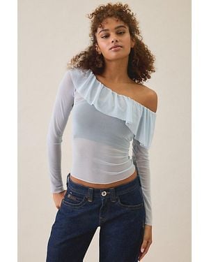 Kimchi Blue Ciara Mesh Asymmetric Ruffle Off-The-Shoulder Top - Blue