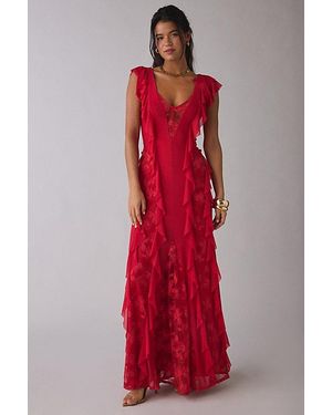 AFRM Trista Cascading Ruffle Lace Maxi Dress - Red