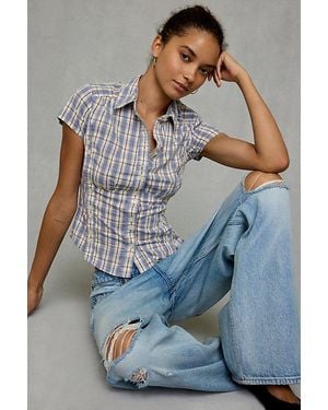 BDG Matty Slim Short Sleeve Multi Button-Down Shirt - Grey