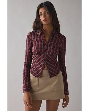 Silence + Noise Hailey Zip-Up Slim Shirt Top - Brown