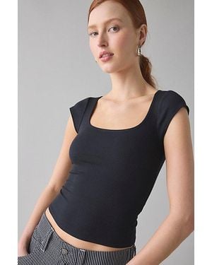 BDG Drew Cap Sleeve Square Neck Cropped Tee Top - Black