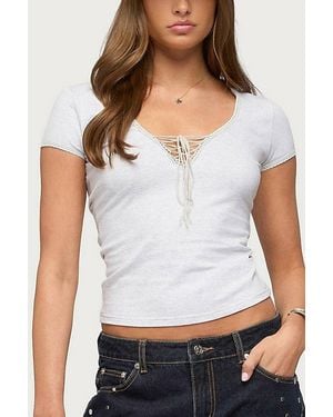 Edikted Balor Lace Up V Neck T Shirt Top - White
