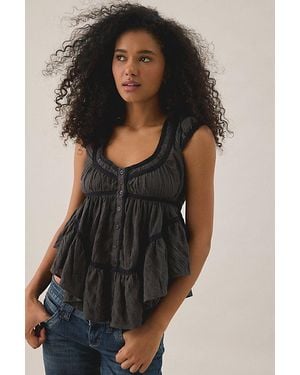 BDG Amelia Cotton Lace Trim Cap Sleeve Babydoll Top - Black