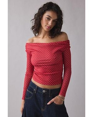 Urban Outfitters Uo Fia Mesh Long Sleeve Off-The-Shoulder Crop Top - Red