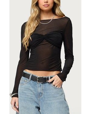 Edikted Oona Sheer Gathered Long Sleeve Top - Black