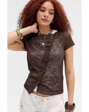 BDG Rue Slash Neck Asymmetric Button Knit Top - Black