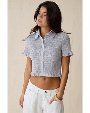 Glamorous Shirred Short Sleeve Button-Down Shirt - Blue