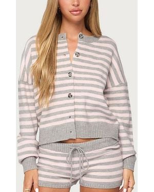 Edikted Abra Striped Knit Button Up Cardigan - Gray