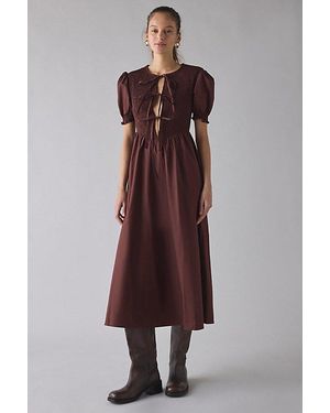 Glamorous Puff Sleeve Tie-Front Smocked Midi Dress - Brown