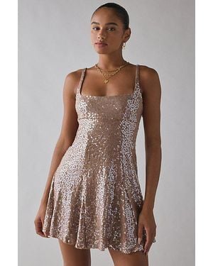 Urban Outfitters Uo Liv Sequin Open Back Fit-And-Flare Mini Dress - Brown