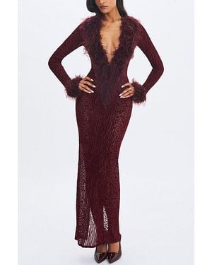 Miss Circle Luana Plunging Fur Trimmed Crochet Maxi Dress - Red