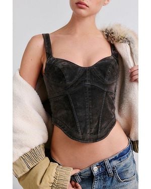 BDG Margot Velvet Flocked Denim Cropped Corset Top - Black