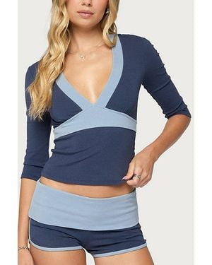 Edikted Zeala Three-Quarter Sleeve V Neck Top - Blue