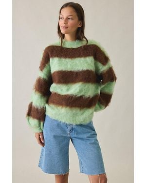 Daisy Street Fudge Stripe Fuzzy Oversized Sweater - Green
