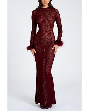 Miss Circle Patricia Fur Trim Burnout Velvet Maxi Dress - Red