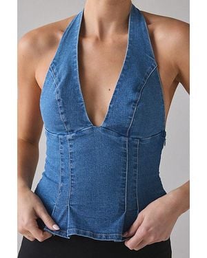Urban Outfitters Uo With Love Plunging Halter Denim Crop Top - Blue