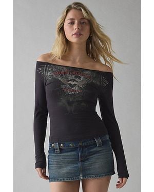 Urban Outfitters Mavericks Motorcycle Rhinestone Graphic Long Sleeve Off-The-Shoulder Tee - Black