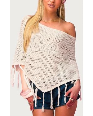 Edikted Barbie Fringe Knit Poncho Top - White