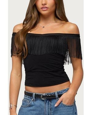 Edikted Catelina Fringe Off Shoulder Top - Black