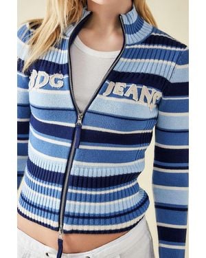 BDG Stripe Zip-through Distressed Applique Knit Track Top - Blue