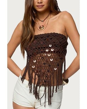 Edikted Handkerchief Backless Crochet Fringed Top - Brown