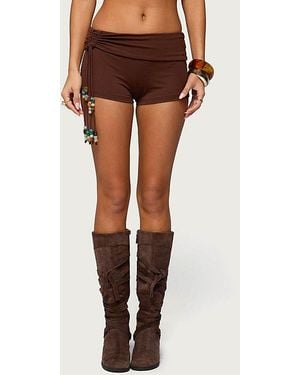 Edikted Thia Ruched Bead Foldover Shorts - Brown