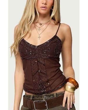 Edikted Azelia Beaded Sheer Chiffon Top - Brown
