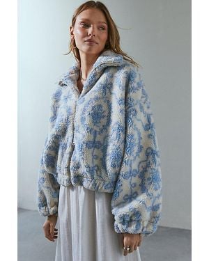 Kimchi Blue Kimchi Snow Bunny Printed Piled Fleece Zip-Up Jacket - Blue