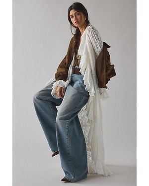 Urban Outfitters Uo Selena Sheer Lace Cascading Ruffle Fluted Sleeve Maxi Top - Blue