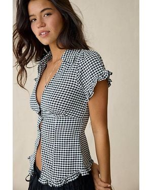 Kimchi Blue Rebecca Ruffle Split-Front Slim Short Sleeve Button-Up Shirt Top - Blue