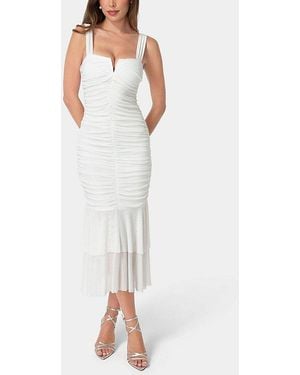 Bebe V-Neck Ruched Mesh Flounce Midi Dress - White