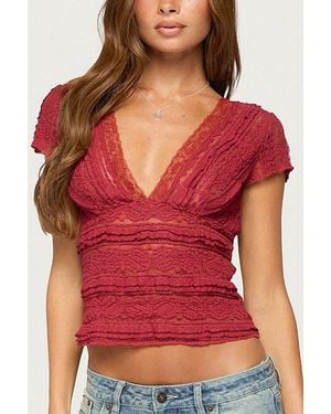 Edikted Avalee Sheer Lace V Neck Top - Red