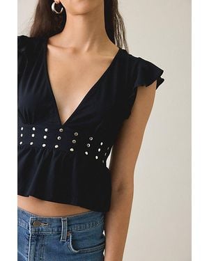 Motel Leisma Plunging Studded Frill Peplum Top - Black