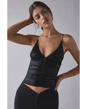 Urban Outfitters Uo Helly Ruched Plunging Rhinestone Strap Tank Top - Black