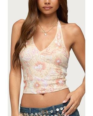 Edikted Catia Backless Sequin Mesh Halter Top - Black