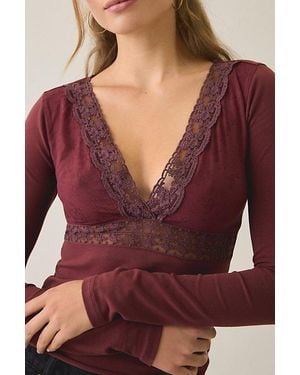 Kimchi Blue Mary Long Sleeve Lace Trim V-Neck Top - Red