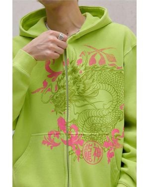 Urban Outfitters Uo Lime Floral Dragon Zip-through Hoodie - Green