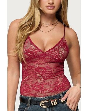 Edikted Nolyn Sheer Lace V Neck Bodysuit - Red