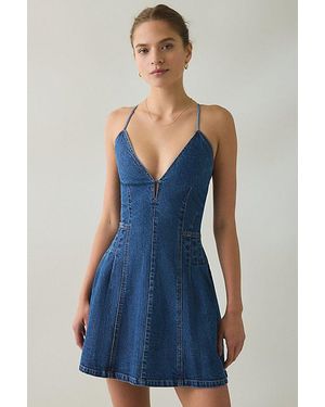 Steve Madden Lace-Up Open Back Seamed Denim Mini Dress - Blue