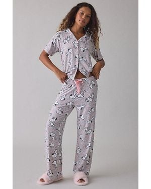 Urban Outfitters Snoopy Pastel Cheetah Print Notch Collar Short Sleeve Top + Pants 2-Piece Pj Set - Grey