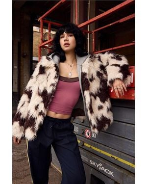 BDG Cow Print Faux Fur Coat Jacket Xs At Urban Outfitters - Black