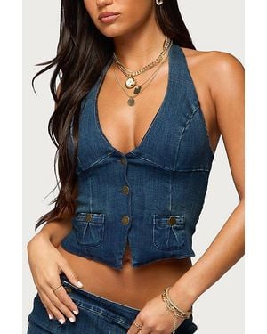 Edikted Sashe Button Up Denim Halter Top - Blue