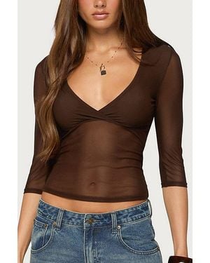 Edikted Saely Sheer Mesh Three-Quarter Sleeve Top - Brown