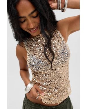 Motel Gold Dudley Sequin Vest Top Jacket - Brown